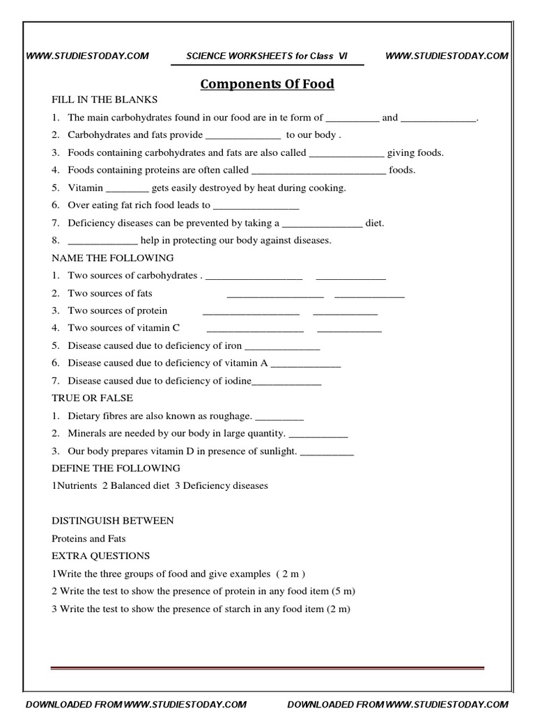 Worksheet Science Worksheets Grade 6 cbse class 6 worksheet components of food vitamin