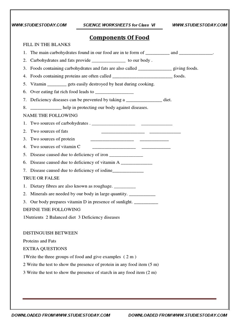 cbse-class-6-worksheet-components-of-food-vitamin-carbohydrates