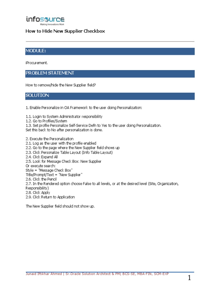 Hide New Supplier Checkbox in iProcurement | PDF