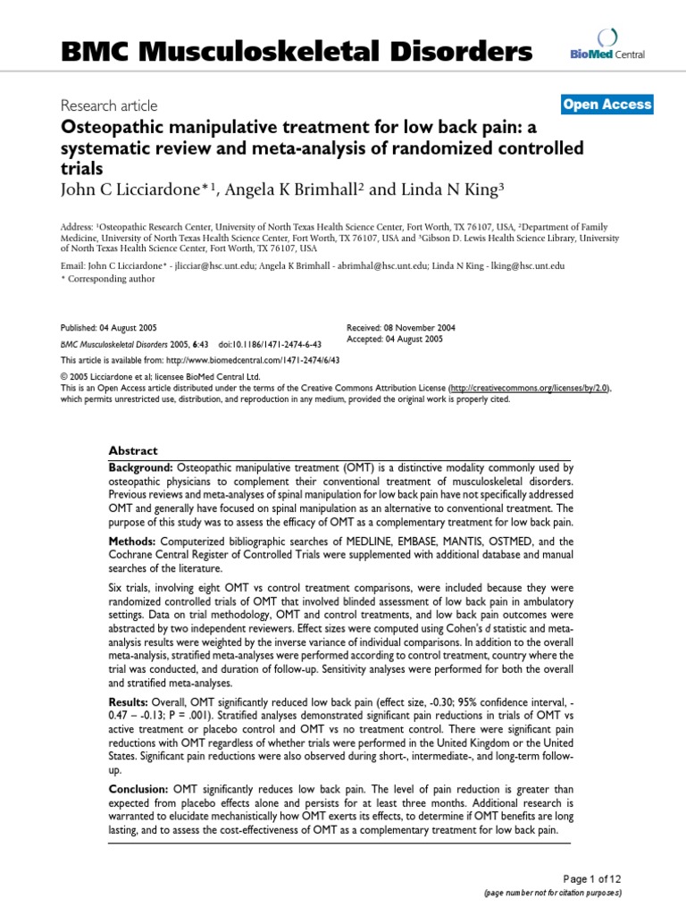 Osteopathic Manipulative Treatment for Low Back Pain Meta Analysis