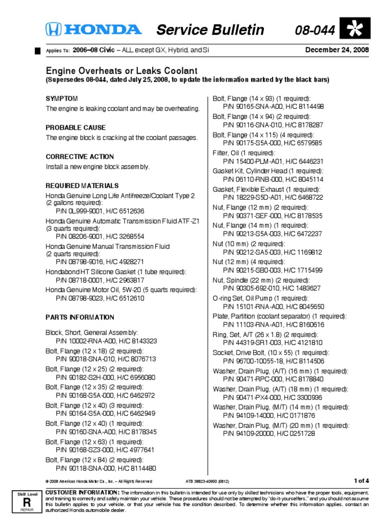Honda Technical Service Bulletin a08044 Engine Overheats or Leaks