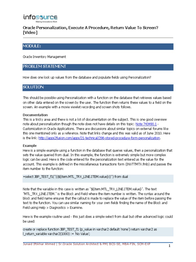 Oracle Personalization, Execute A Procedure, Return Value To Screen