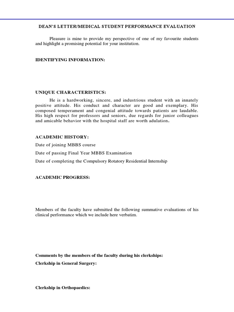 Dean Letter MSPE Template Descargar gratis PDF Medical School