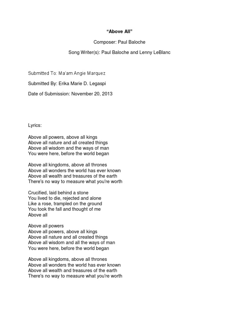 Above All: Song Meaning and Lyrics | PDF