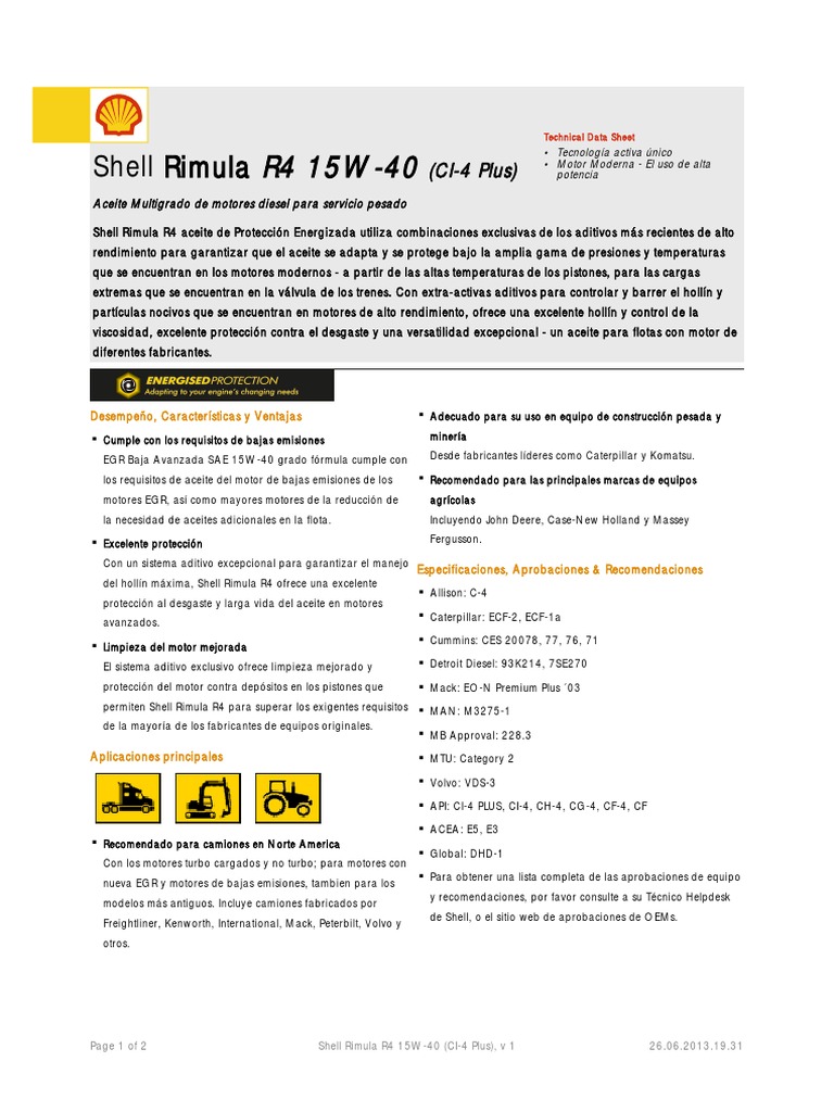 Ficha Técnica Shell Rimula R4 Plus 15W-40 | PDF