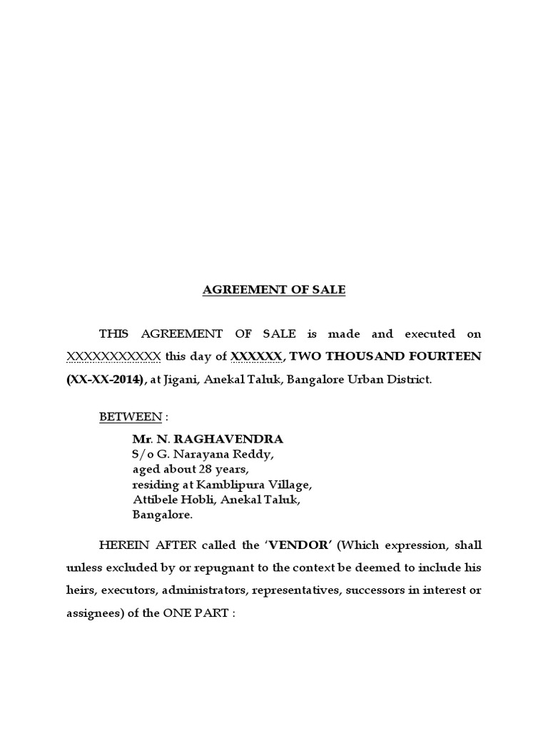 Sale Agreement of Plot No. XX Property Common Law