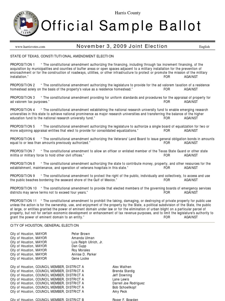 Harris Sample Ballot ENG PDF Taxes Eminent Domain