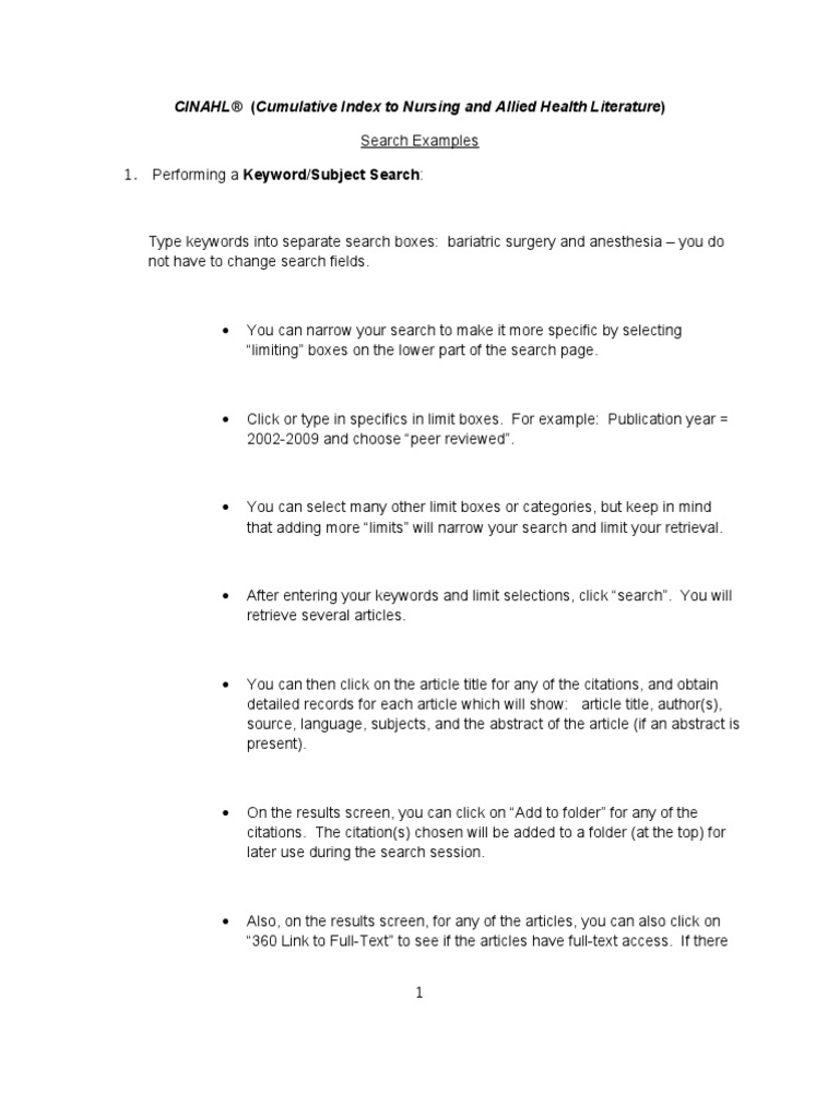 CINAHL Step by Step Searching Examples | PDF | Index Term | Surgery