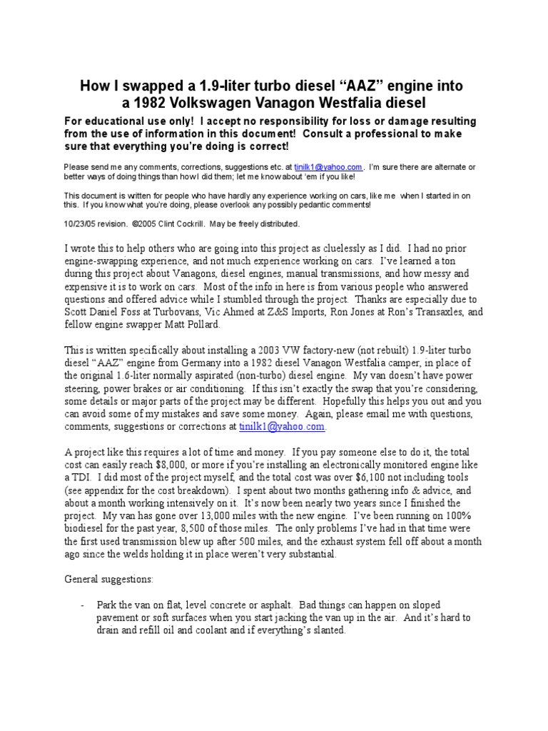 VW Vanagon AAZ Engine Swap Guide | PDF | Transmission (Mechanics ...