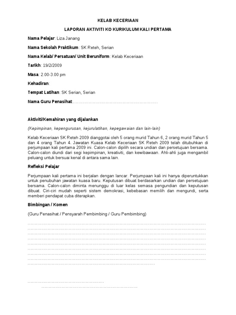 Laporan Aktiviti Ko Kurikulum Minggu Pertama Pdf