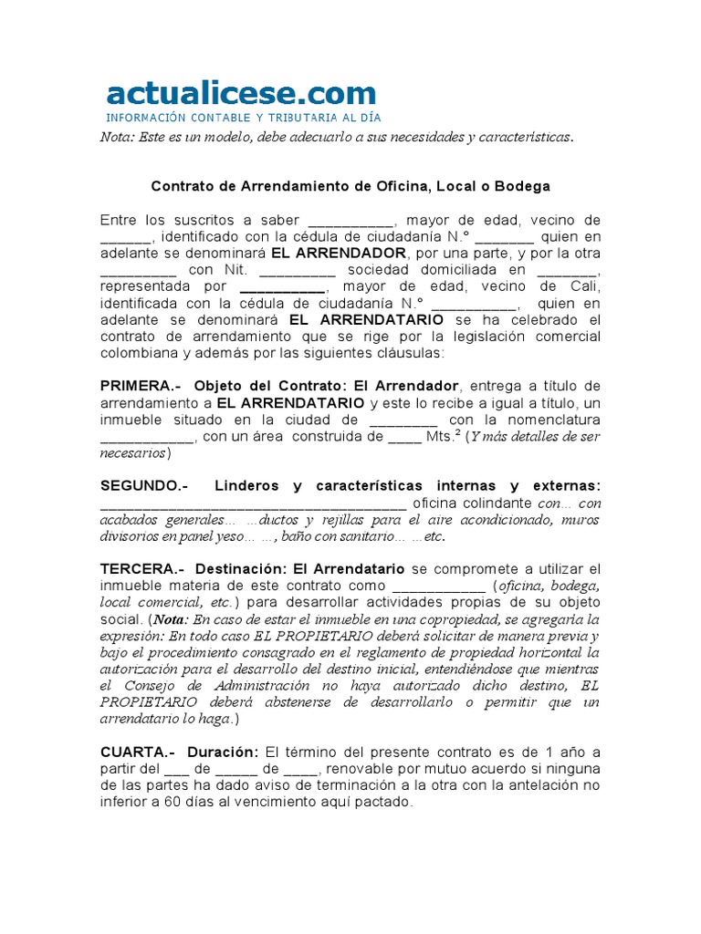 Contrato de Arriendo Oficina Local o Bodega Alquiler