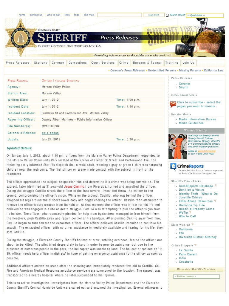 Riverside County Sheriff News Release On Deputy-Involved Shooting in ...
