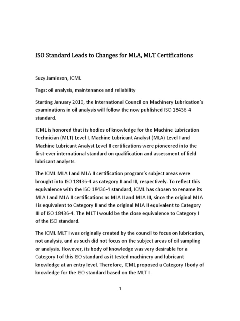 ISO Standard Leads to Changes for MLA, MLT Certifications Lubricant
