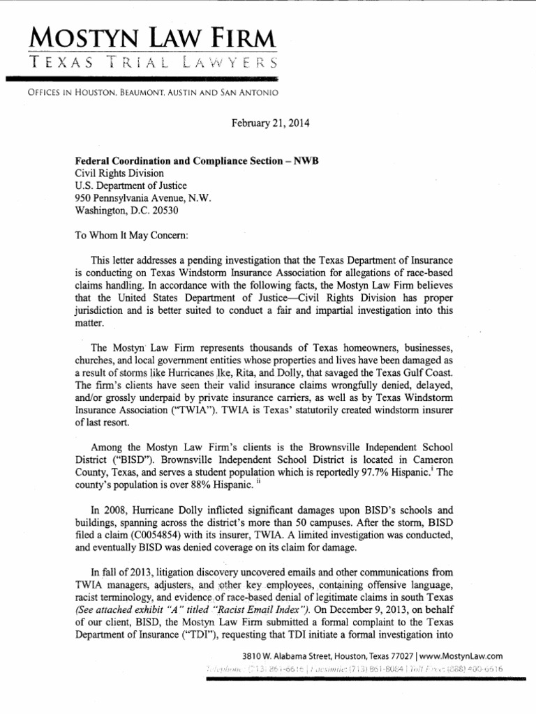 Steve Mostyn TWIA Complaint Letter to U.S. Department of ...