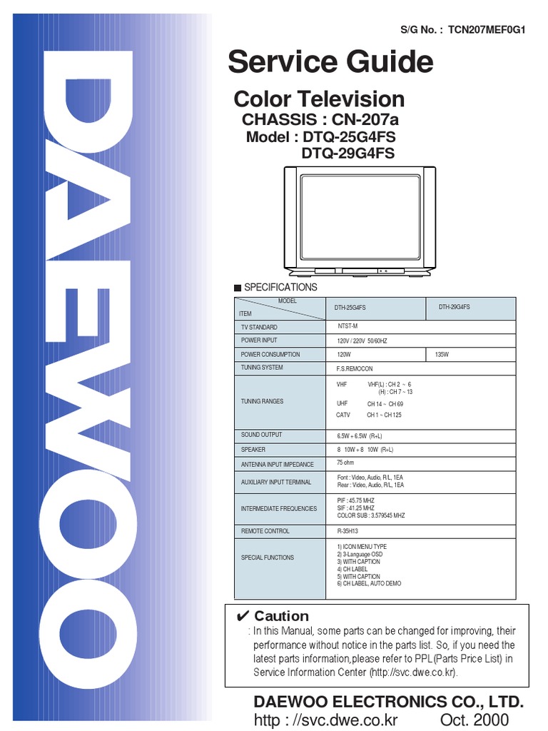 Service Guide for Daewoo Color Televisions CN207a Chassis Models DTQ