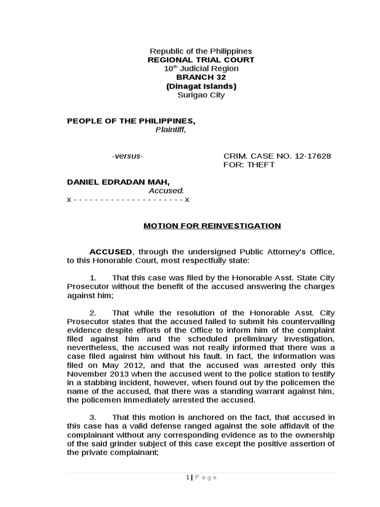 Motion For Reinvestigation Daniel Adradan Mah PDF Social Institutions Social Science