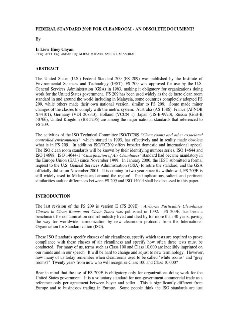 Federal Standard 209e for Cleanroom An Obsolete Document! Nature