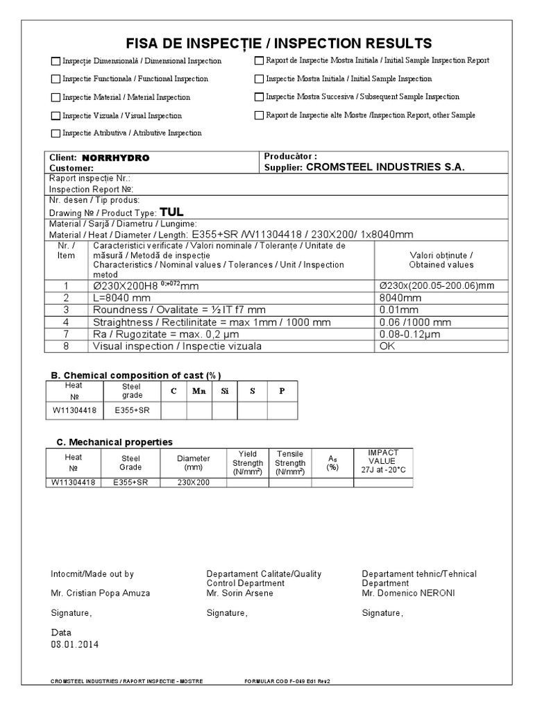 Inspection Report for E355+SR Steel | PDF