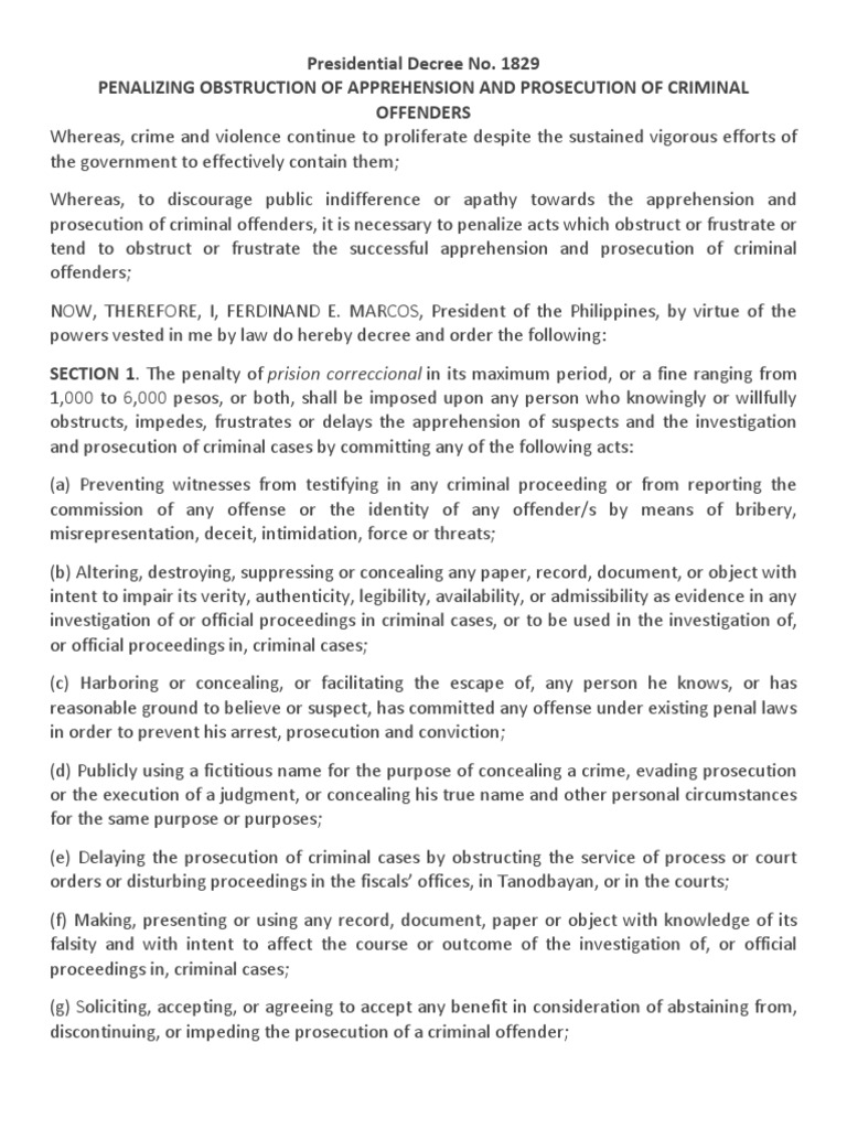 PD 1829: Penalizing Justice Obstruction | PDF | Arrest | Obstruction Of ...