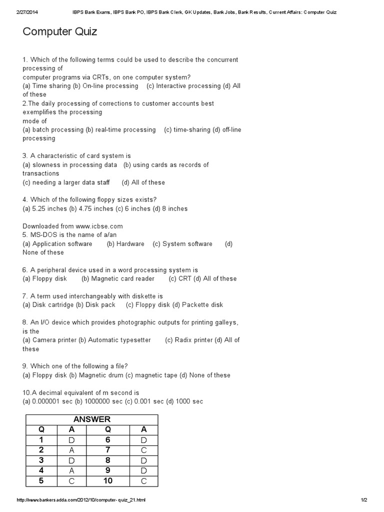 Computer Quiz: Key MCQs and Answers | PDF | Games & Activities | Computers