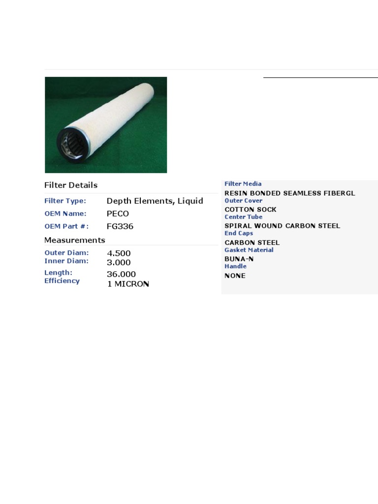 Filter Details Depth Elements, Liquid Peco FG336 Measurements 4.500 3. ...