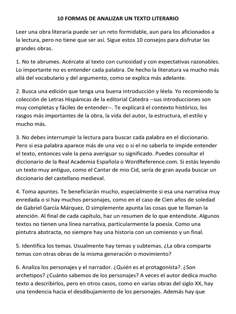 10 Formas de Analizar Un Texto Literario | PDF | Narración | Autor