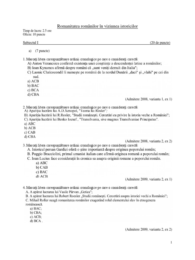 Romanitatea Romanilor Test Cls12 | PDF