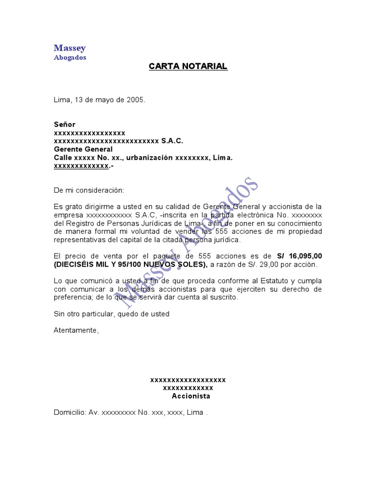 Modelo de Carta Notarial de Venta de Acciones