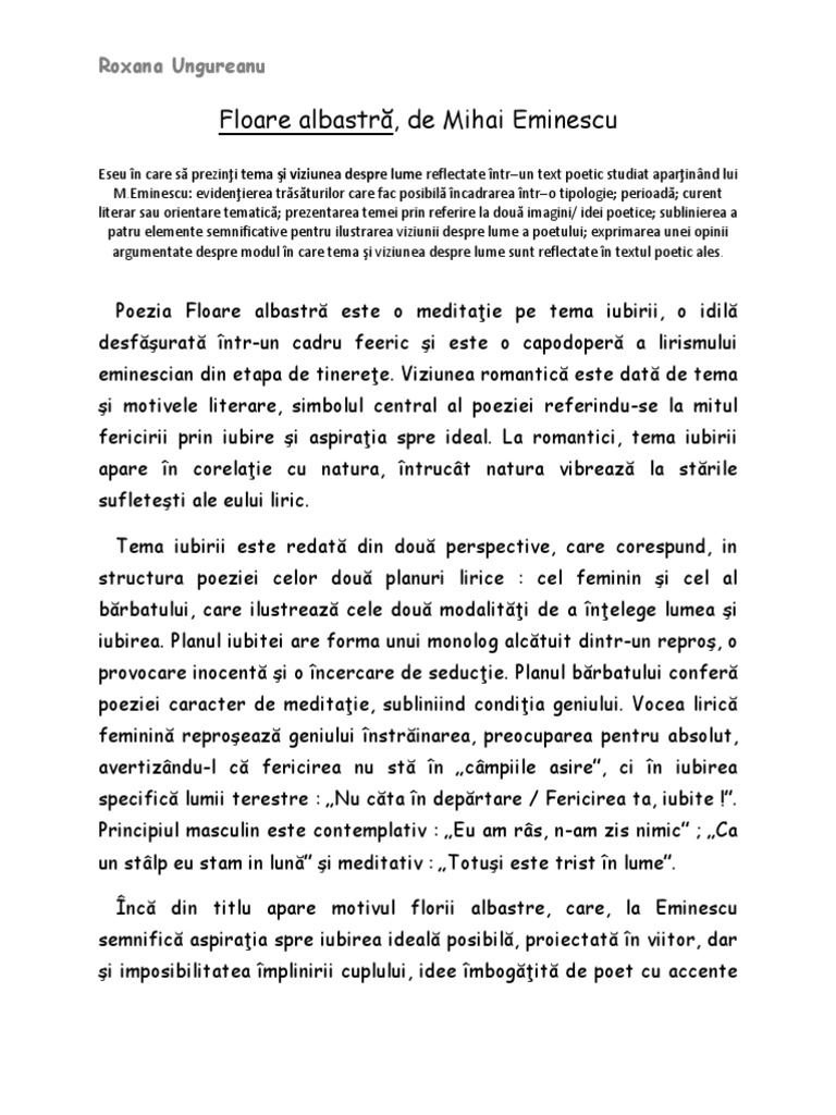 FLOARE ALBASTRA - tema si viziunea despre lume