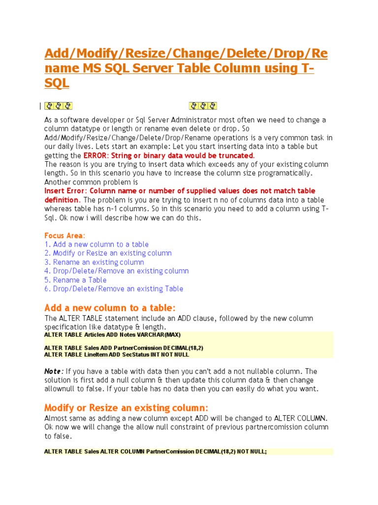Add/Modify/Resize/Change/Delete/Drop/Re Name MS SQL Server Table Column