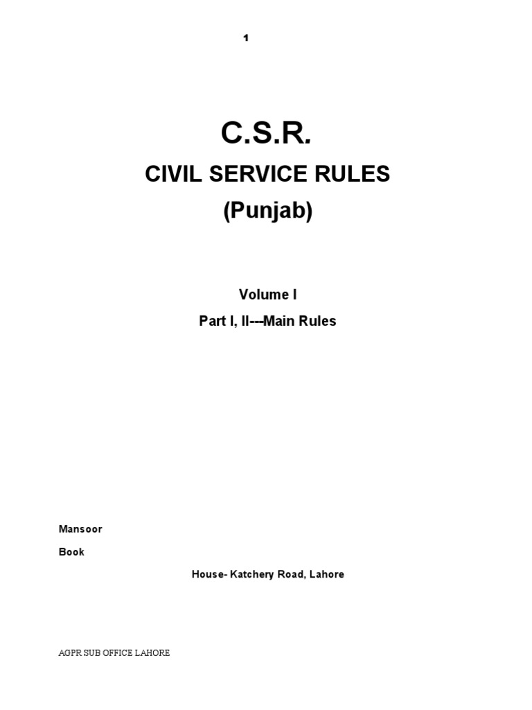Civil Service Rules (Punjab) Pakistan, CSR PDF Barrister