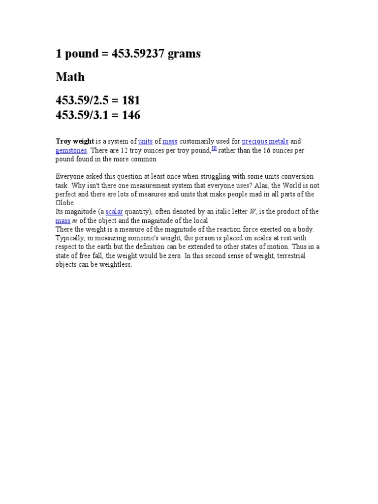 1 Pound 453.59237 Grams Math 453.59/2.5 181 453.59/3.1 146 | PDF