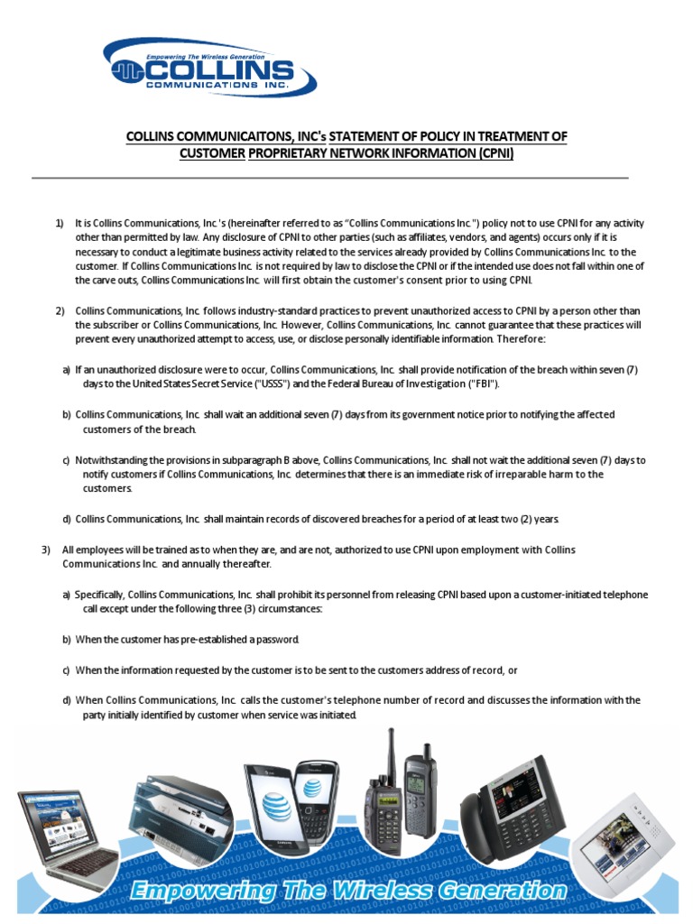 CPNI Policy of Collins Communications | PDF | Technology & Engineering