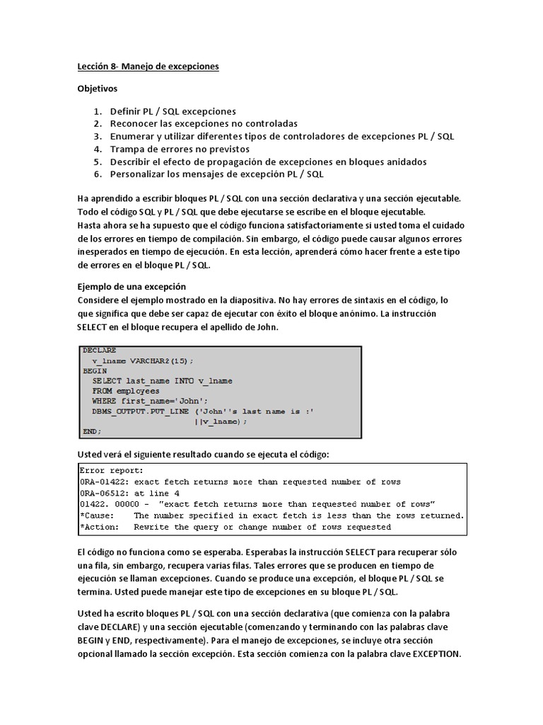 Manejo de Excepciones en PL/SQL | PDF | Pl / Sql | SQL