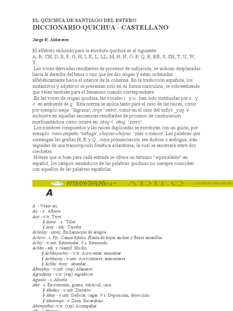 Diccionariol Quichua De Santiago Del Estero Alfabeto Alimentos