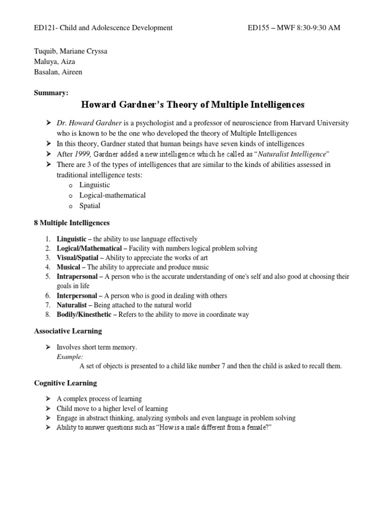 Overview of Gardner's Multiple Intelligences | PDF