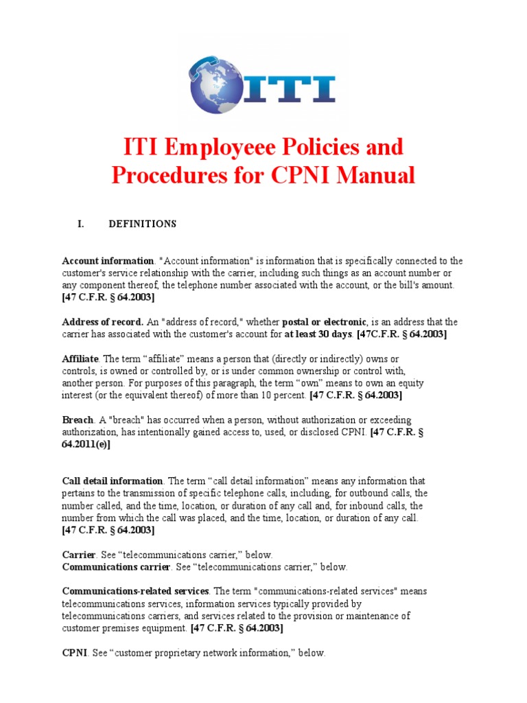 ITI CPNI Employee Manual | PDF | Telecommunication | Internet