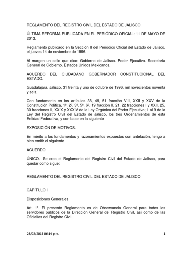 Reglamento Del Registro Civil Del Estado de Jalisco