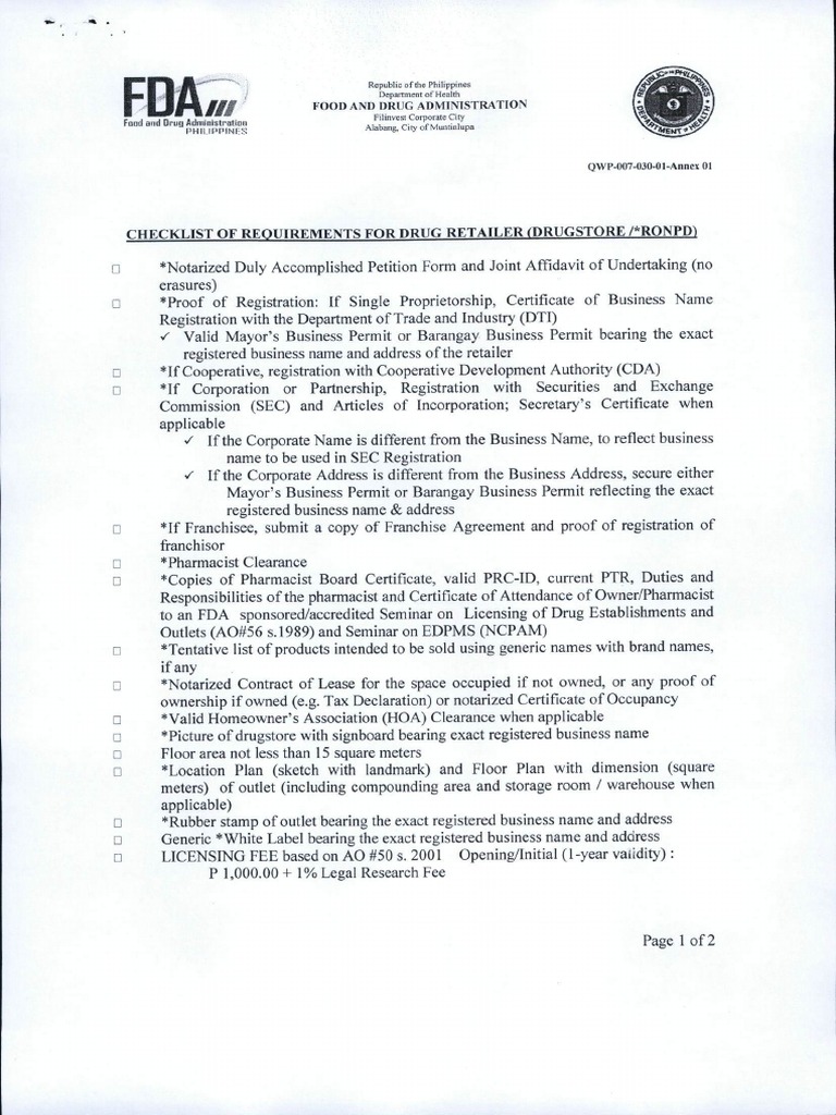 Checklist of Requirements For Drug Retailer PDF