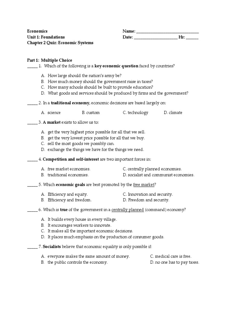 Chapter 2 Quiz Free Market Market Economy