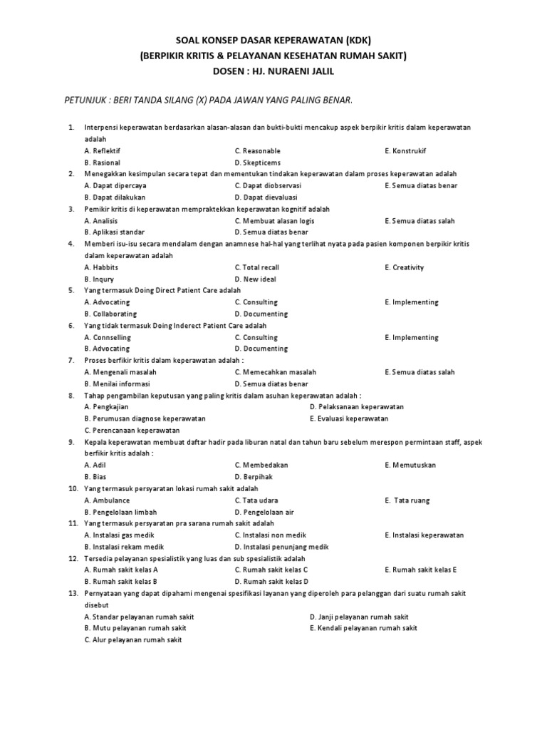 Soal Konsep Dasar Keperawatan Kdk Berpikir Kritis Pelayanan Kesehatan Rumah Sakit
