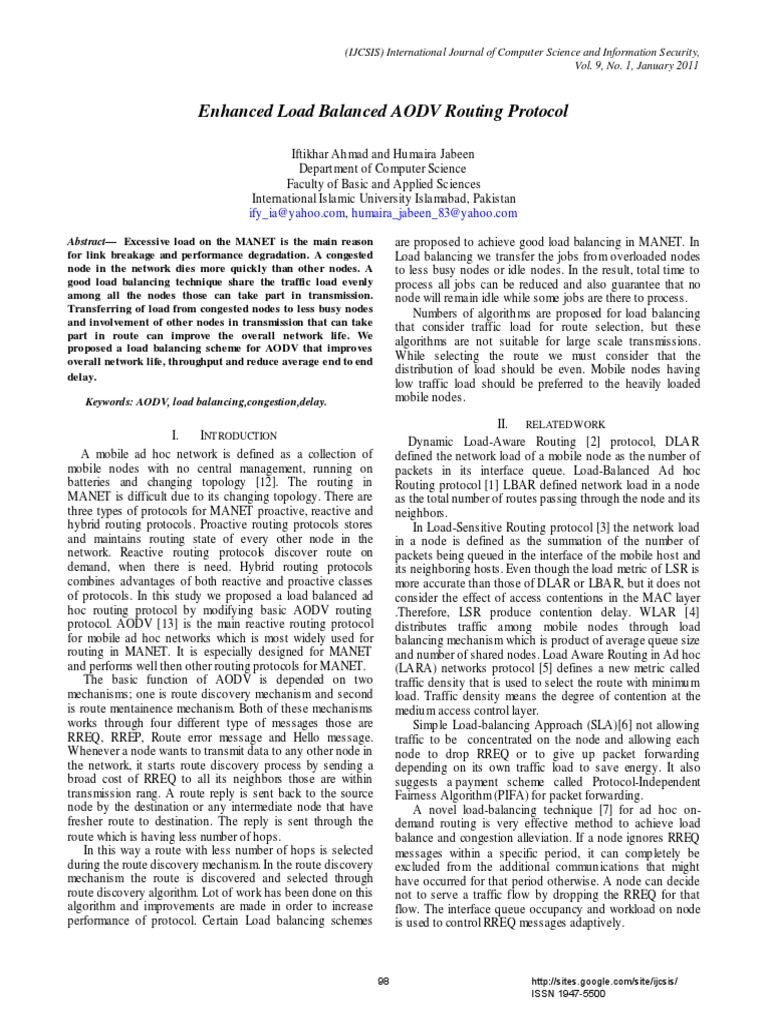 Enhanced AODV Load Balancing Protocol | PDF | Computers
