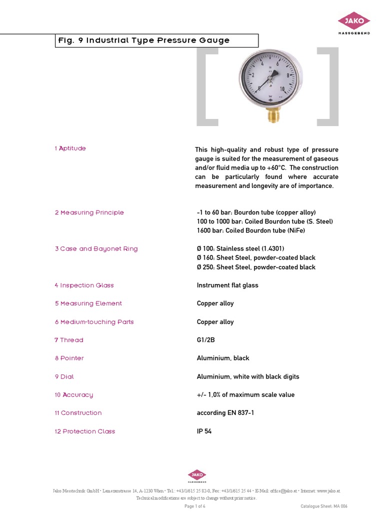 Specifications and Technical Details of the Industrial Type Pressure ...