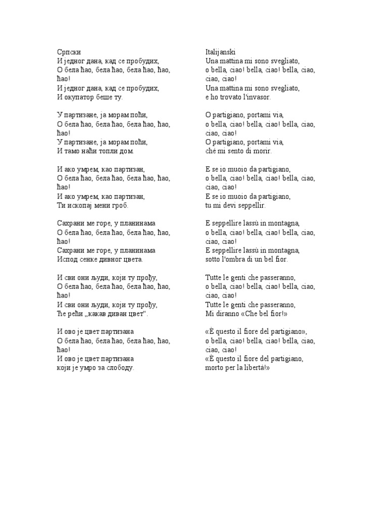 Bella Ciao Prevod Na Srpski PDF