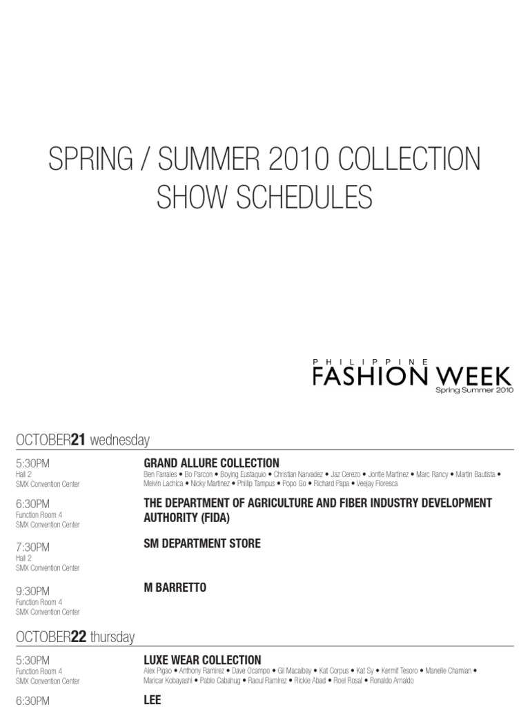 Spring/Summer 2010 Fashion Show Schedule | PDF | Luzon | Metro Manila