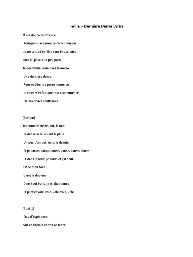 Indila - Dernière Danse Lyrics | PDF