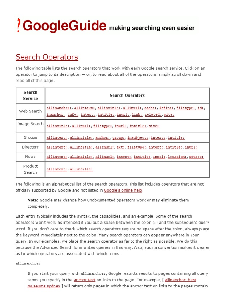 Google Search Operators. | PDF | Web Search Engine | Online Services