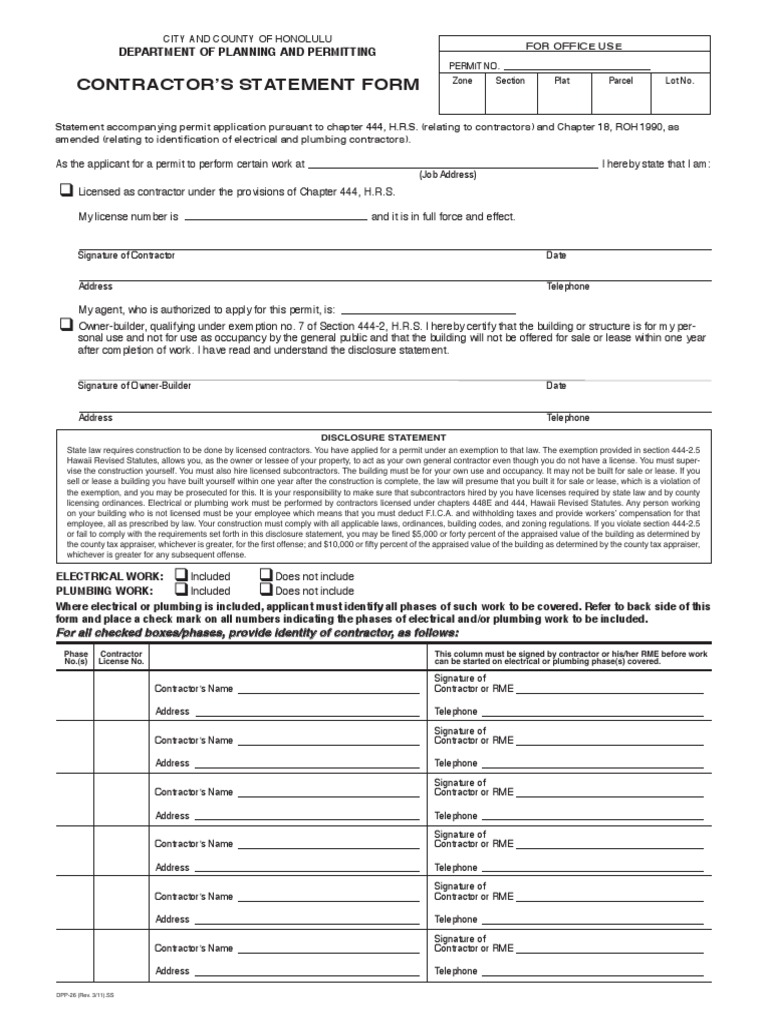 Honolulu Contractor's Statement Form | PDF | Electrical Wiring ...