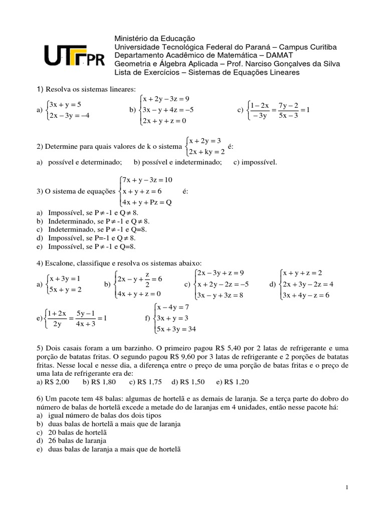Lista de Exercícios: Sistemas Lineares | PDF | Sistema de equações ...