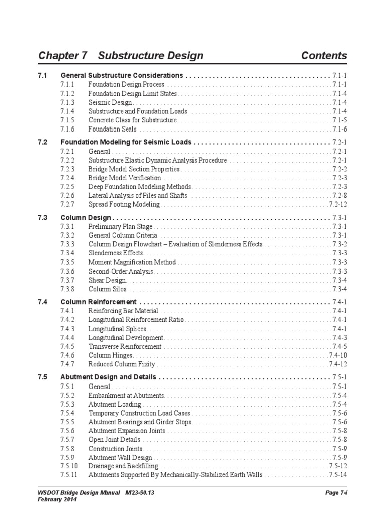 Chapter 7 Substructure Design WSDOT Bridge Design Manual M 2350.13 Page 7I February 2014 PDF